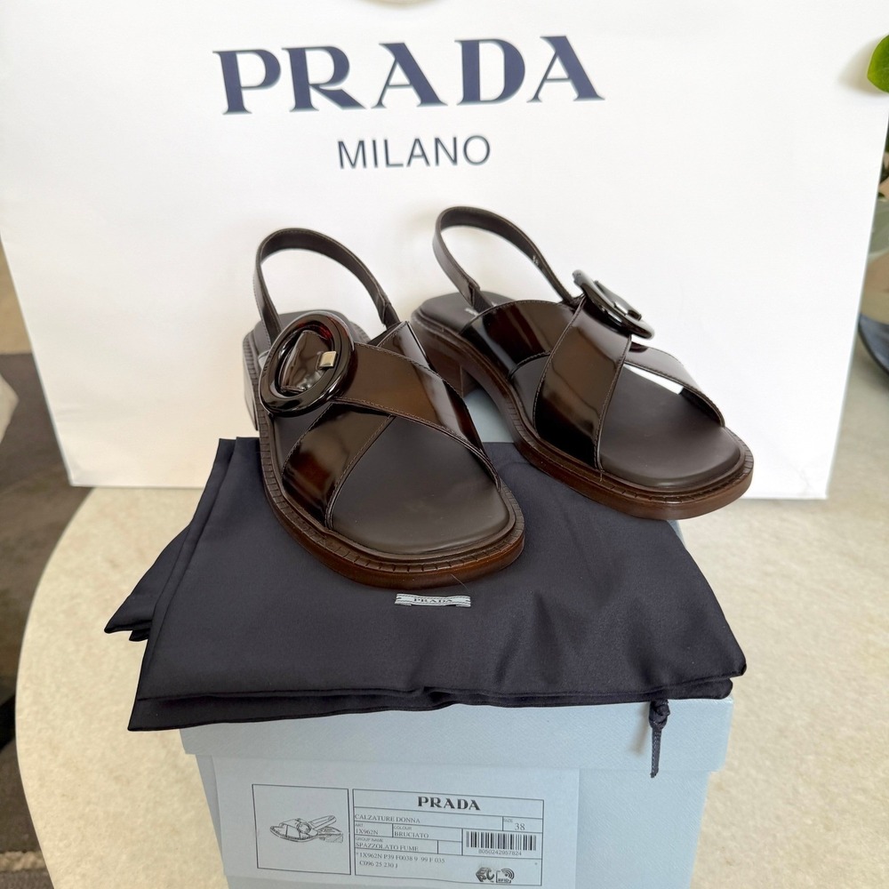 Prada 1X962N Women's Brown Leather slingback sandals shoes, size 37.5 (US 7.5)